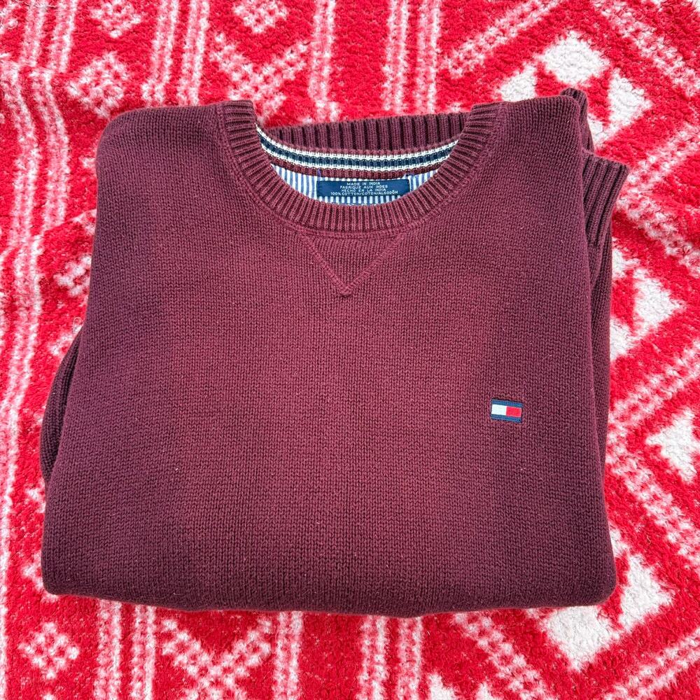 Tommy Hilfiger Men's Large Cotton Crewneck Sweater - Burgundy Maroon - Slim Fit